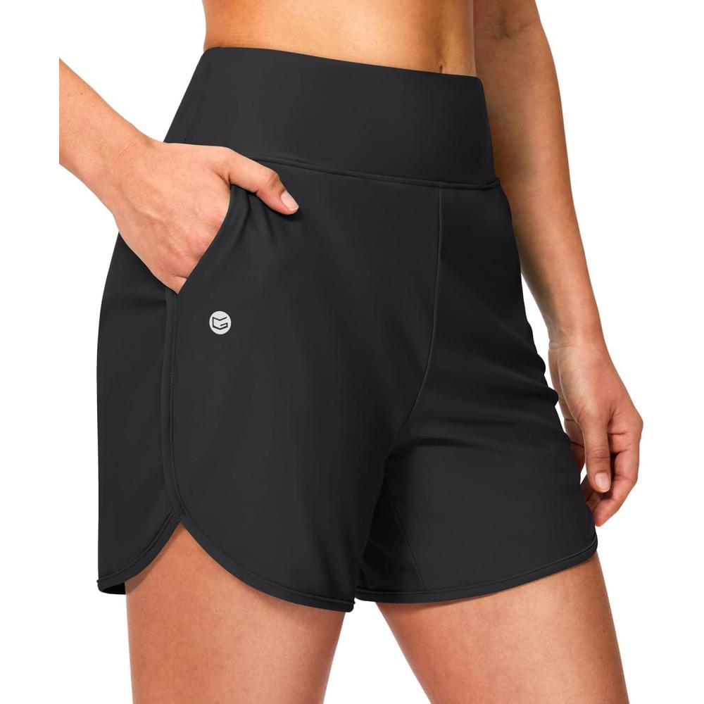 imageG Gradual Womens 5 Swim Board Shorts High Waisted Quick Dry Swimming Bathing Suit Bottoms for Women with Liner PocketsBlack