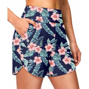 G Gradual Women’s 5″ Swim Board Shorts High Waisted Quick Dry Swimming Bathing Suit Bottoms for Women with Liner Pockets(Navy Flower)