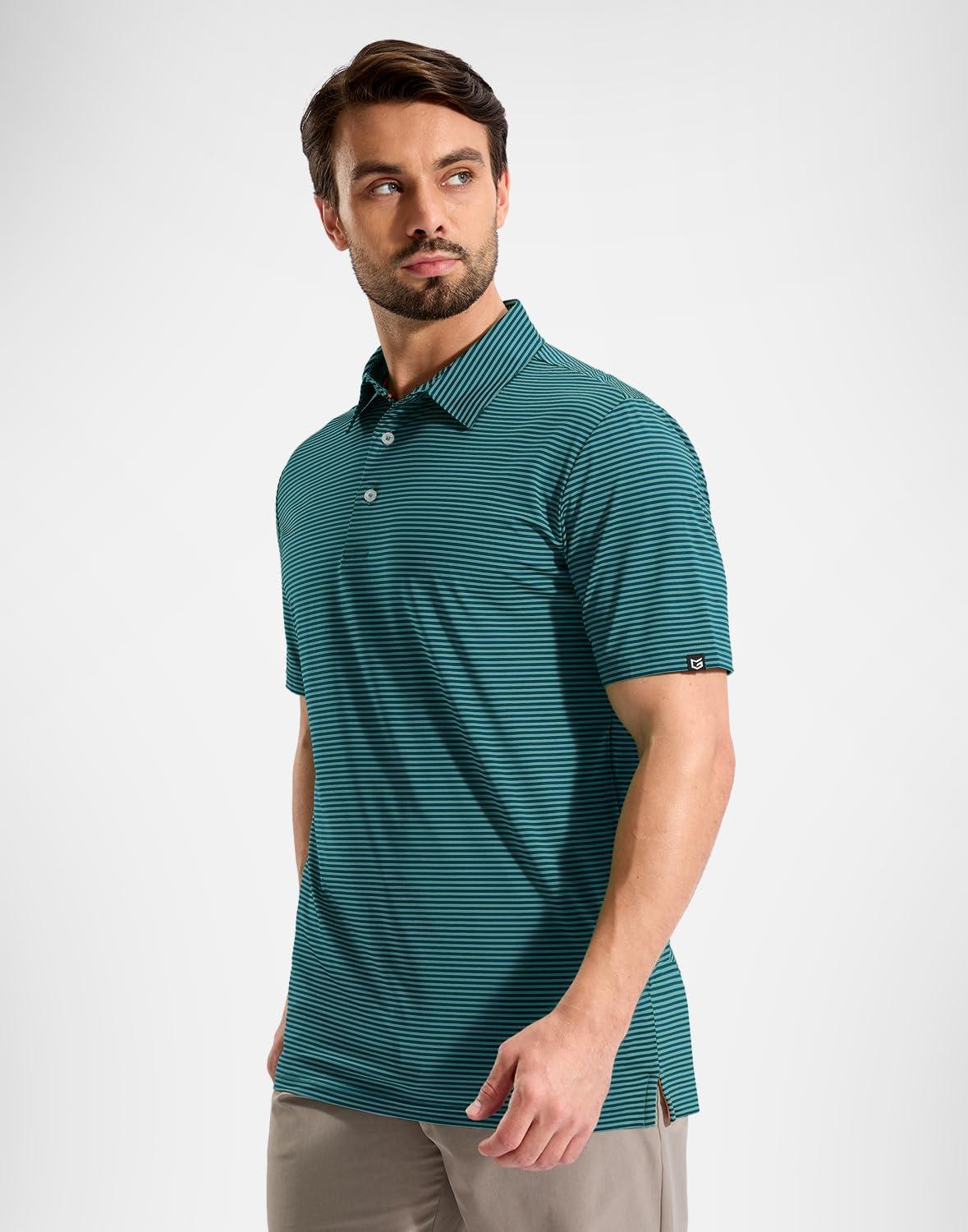 imageG Gradual Mens Golf Shirt Dry Fit Moisture Wicking Performance Short Sleeve Striped Polo Shirts for Men Dressy CasualTurquoise Stripe