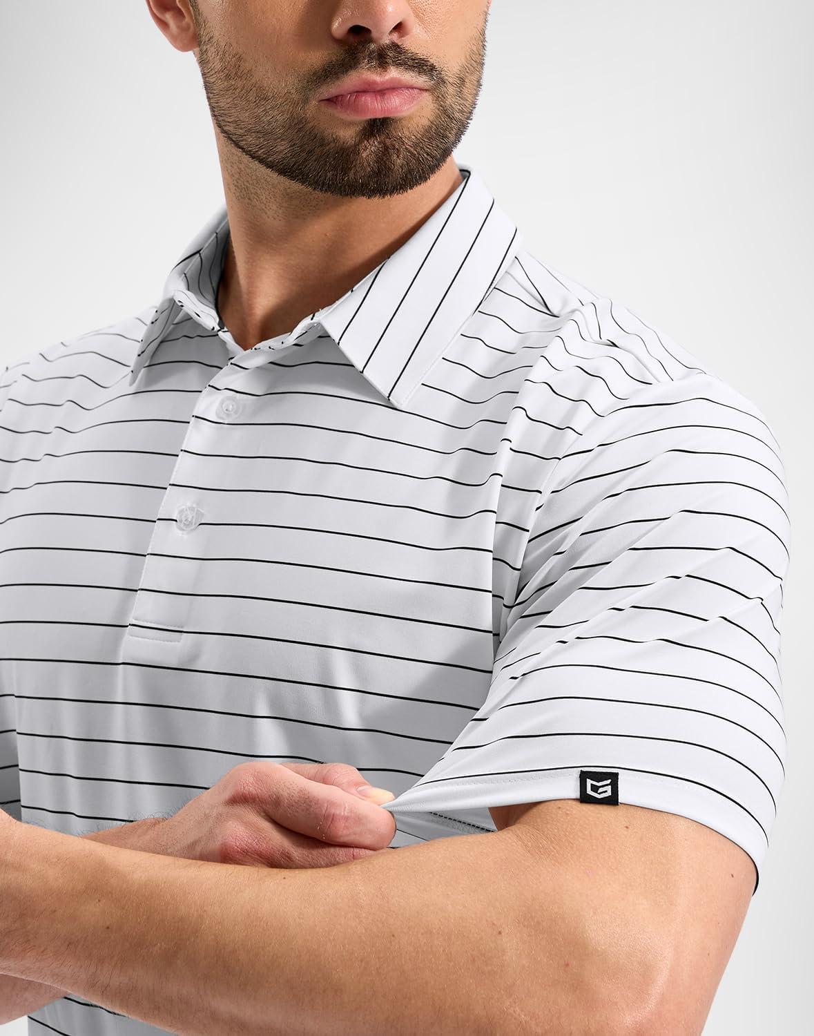 imageG Gradual Mens Golf Shirt Dry Fit Moisture Wicking Performance Short Sleeve Striped Polo Shirts for Men Dressy CasualWide White Stripe
