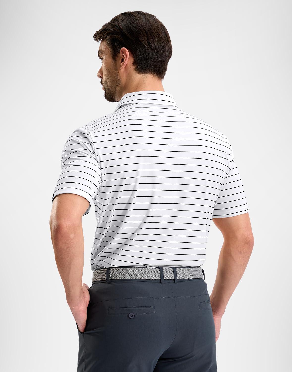 imageG Gradual Mens Golf Shirt Dry Fit Moisture Wicking Performance Short Sleeve Striped Polo Shirts for Men Dressy CasualWide White Stripe