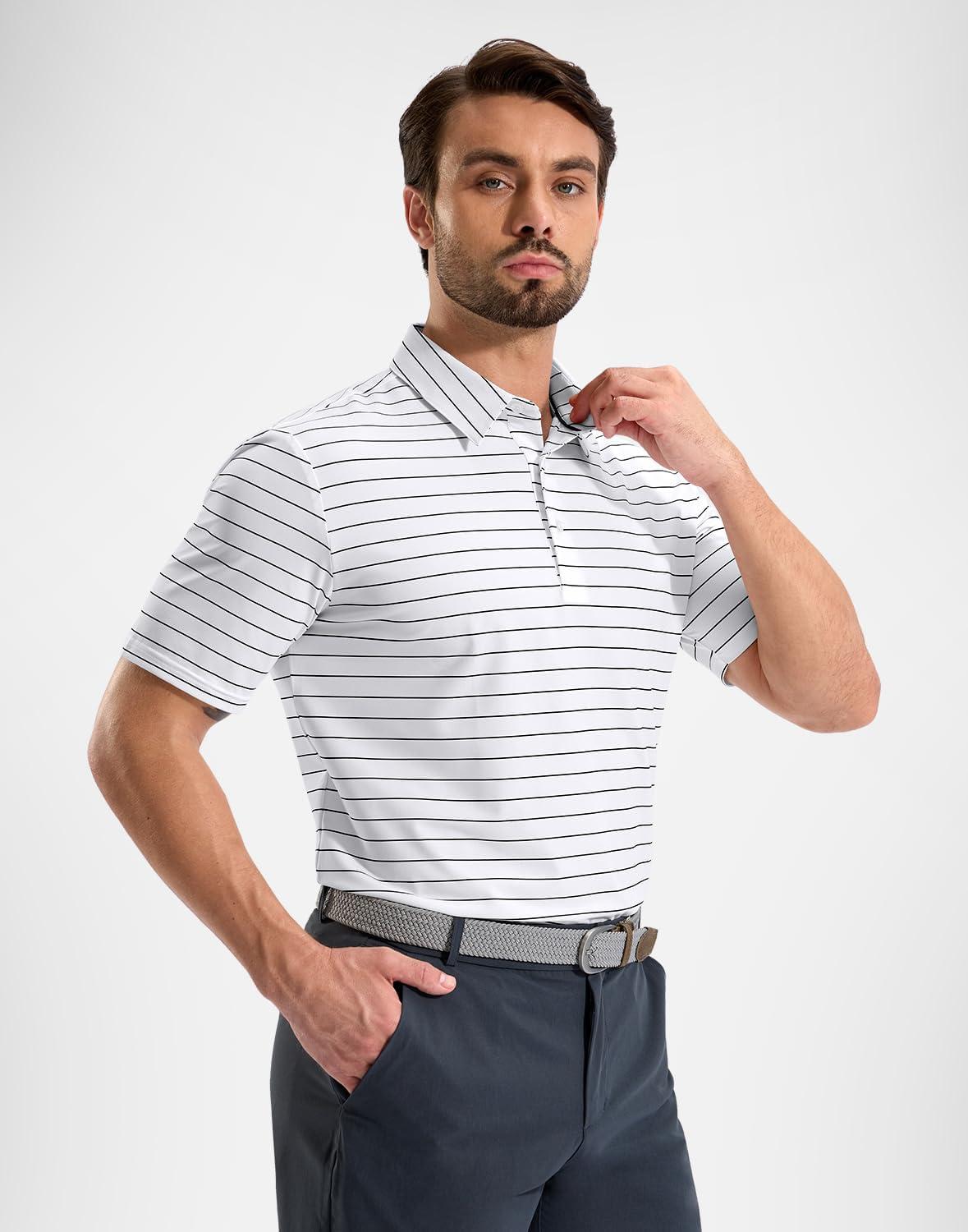imageG Gradual Mens Golf Shirt Dry Fit Moisture Wicking Performance Short Sleeve Striped Polo Shirts for Men Dressy CasualWide White Stripe