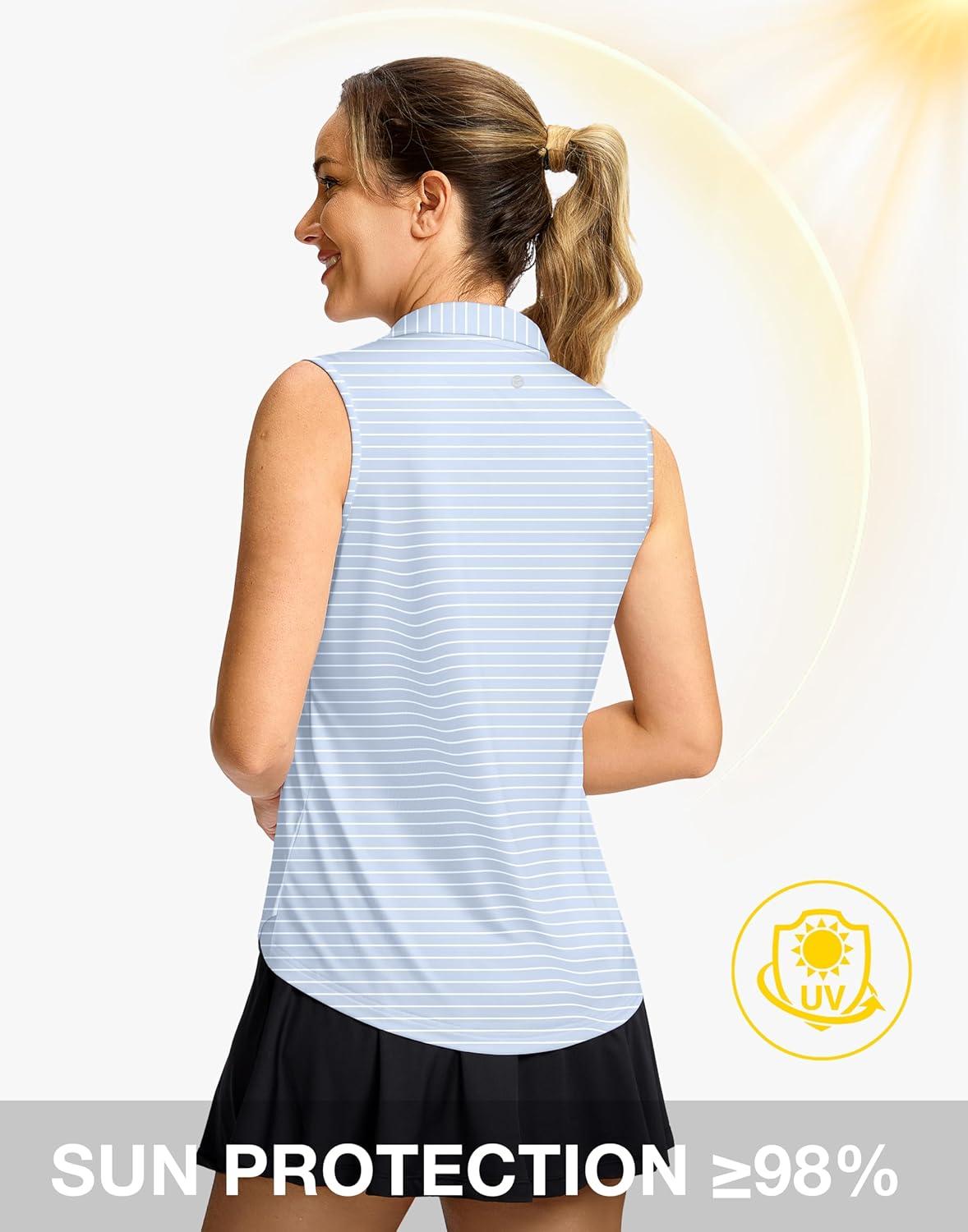 imageG Gradual Sleeveless Golf Shirts for Women Collared V Neck Tennis Tank Top Cooling Polo UPF 50 Quick Dry LightweightBlue Stripe