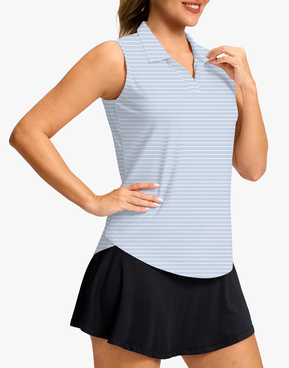 imageG Gradual Sleeveless Golf Shirts for Women Collared V Neck Tennis Tank Top Cooling Polo UPF 50 Quick Dry LightweightBlue Stripe