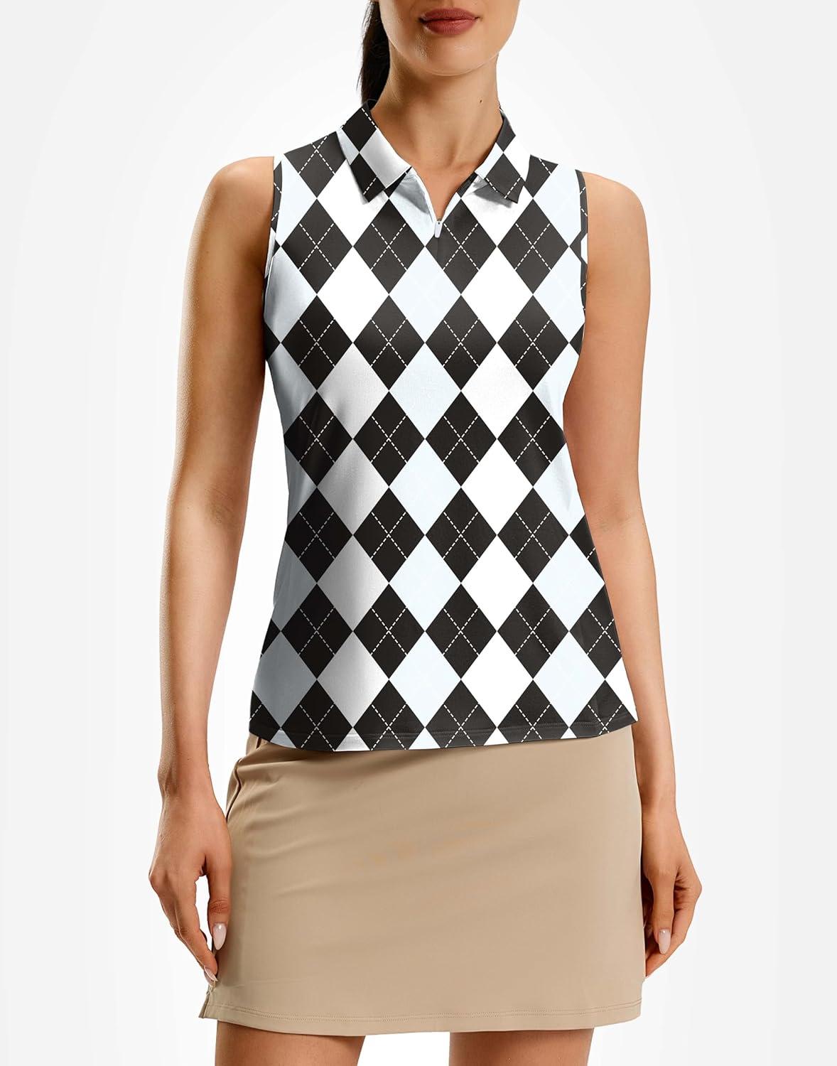 imageG Gradual Womens Golf Shirt Racerback Tank Zip Up Athletic Sleeveless Top Tennis Pickleball Cooling Polo Shirts Lightweight Grey Argyle XSmall