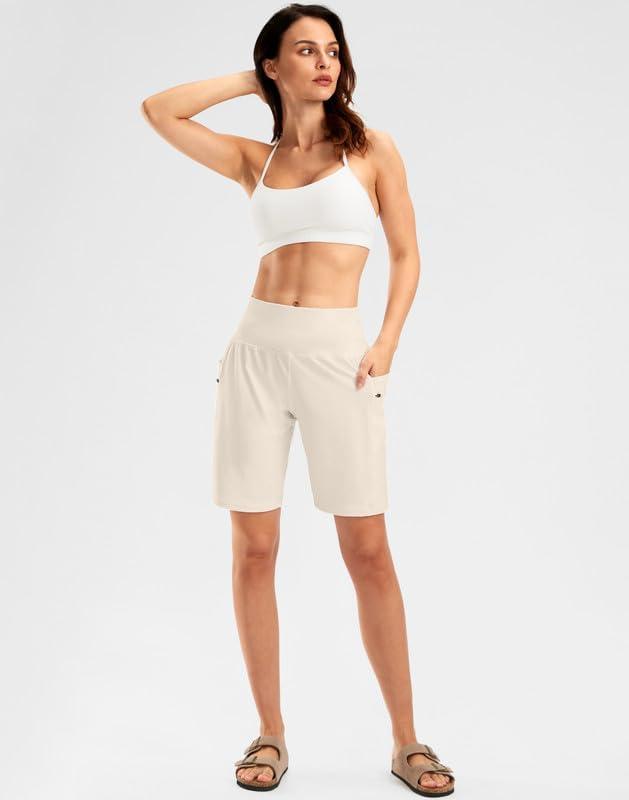 imageG Gradual Womens High Waisted 9 Bermuda Shorts with Zipper Pockets Athletic Workout Long Shorts for Women Knee LengthBeige