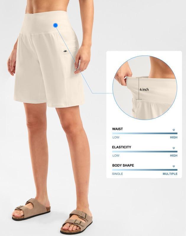 imageG Gradual Womens High Waisted 9 Bermuda Shorts with Zipper Pockets Athletic Workout Long Shorts for Women Knee LengthBeige