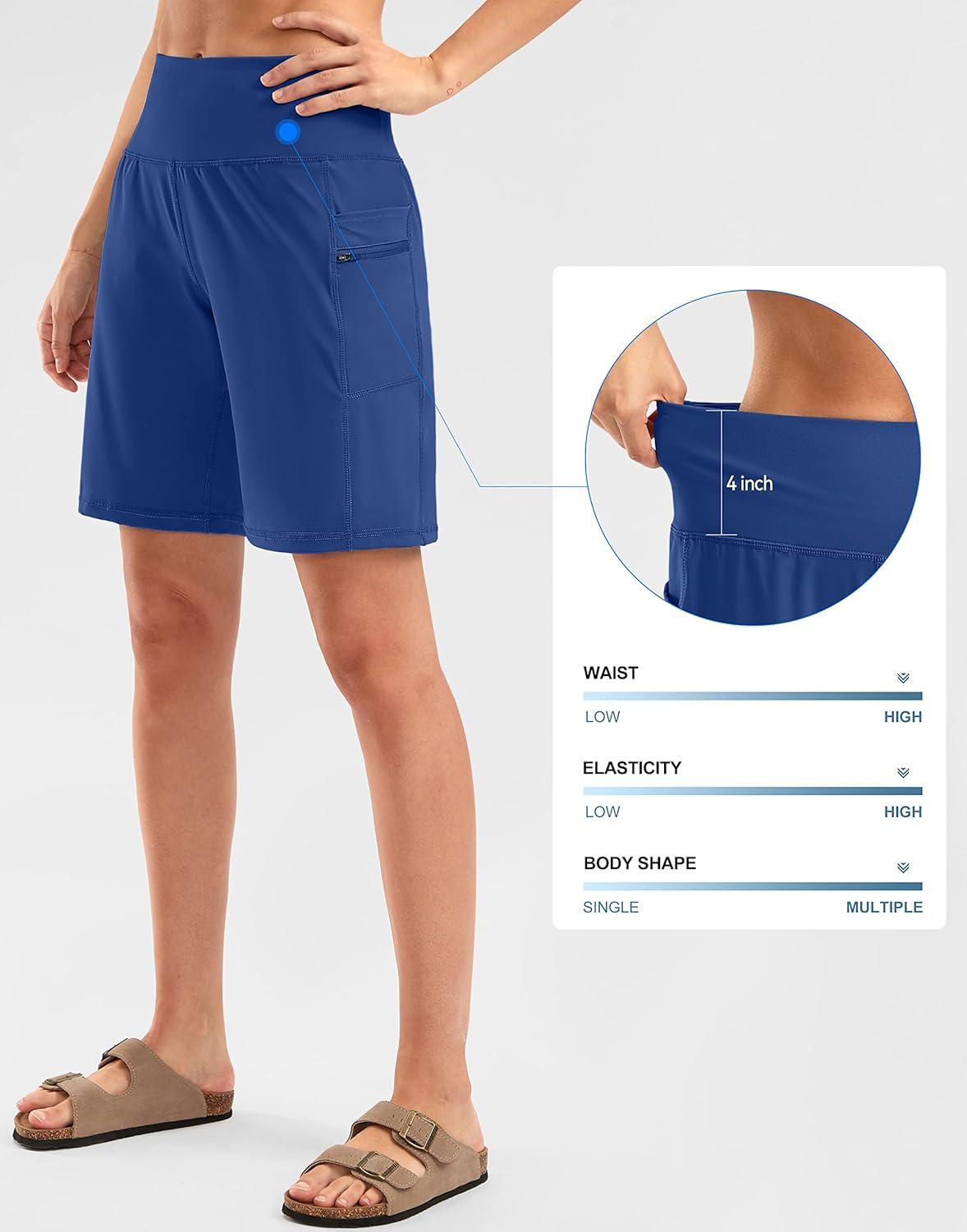 imageG Gradual Womens High Waisted 9 Bermuda Shorts with Zipper Pockets Athletic Workout Long Shorts for Women Knee LengthBlue