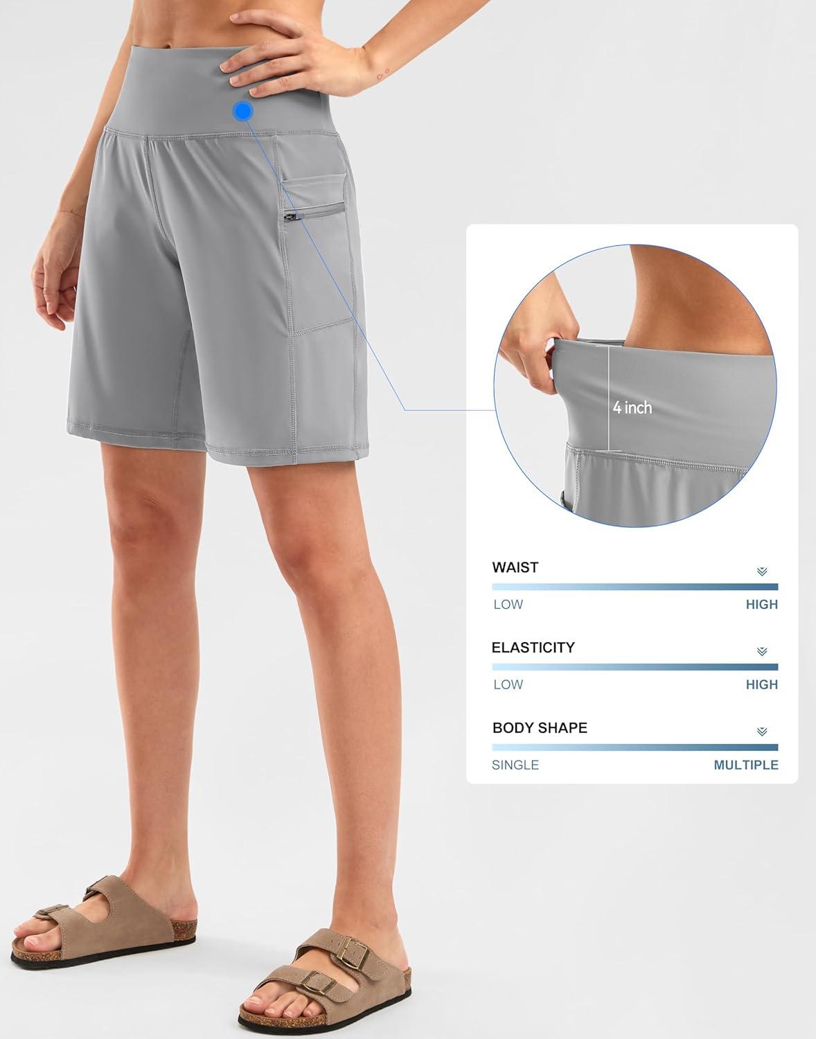 imageG Gradual Womens High Waisted 9 Bermuda Shorts with Zipper Pockets Athletic Workout Long Shorts for Women Knee LengthBright Grey