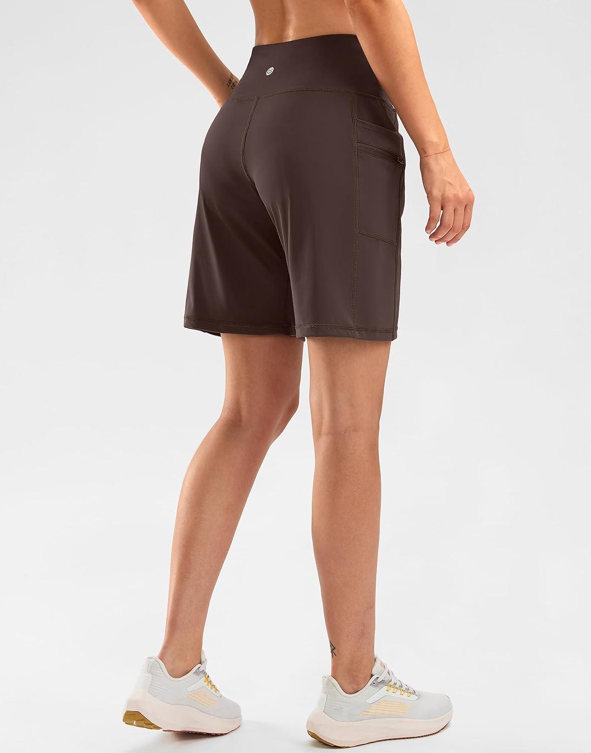 imageG Gradual Womens High Waisted 9 Bermuda Shorts with Zipper Pockets Athletic Workout Long Shorts for Women Knee LengthBrown