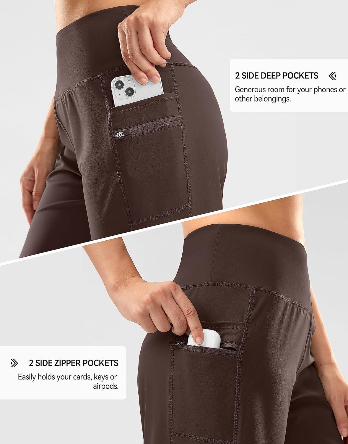 imageG Gradual Womens High Waisted 9 Bermuda Shorts with Zipper Pockets Athletic Workout Long Shorts for Women Knee LengthBrown