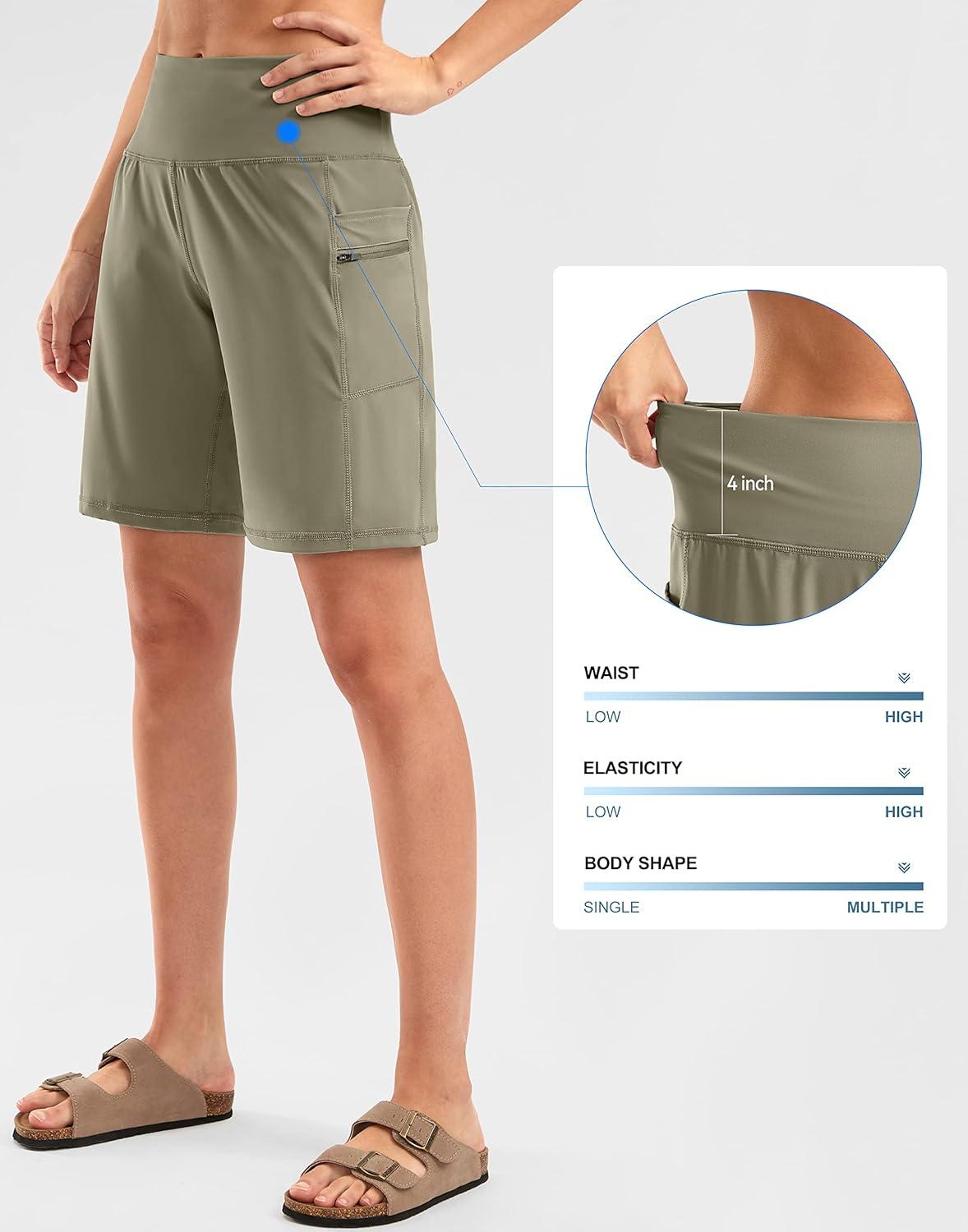 imageG Gradual Womens High Waisted 9 Bermuda Shorts with Zipper Pockets Athletic Workout Long Shorts for Women Knee LengthDark Khaki