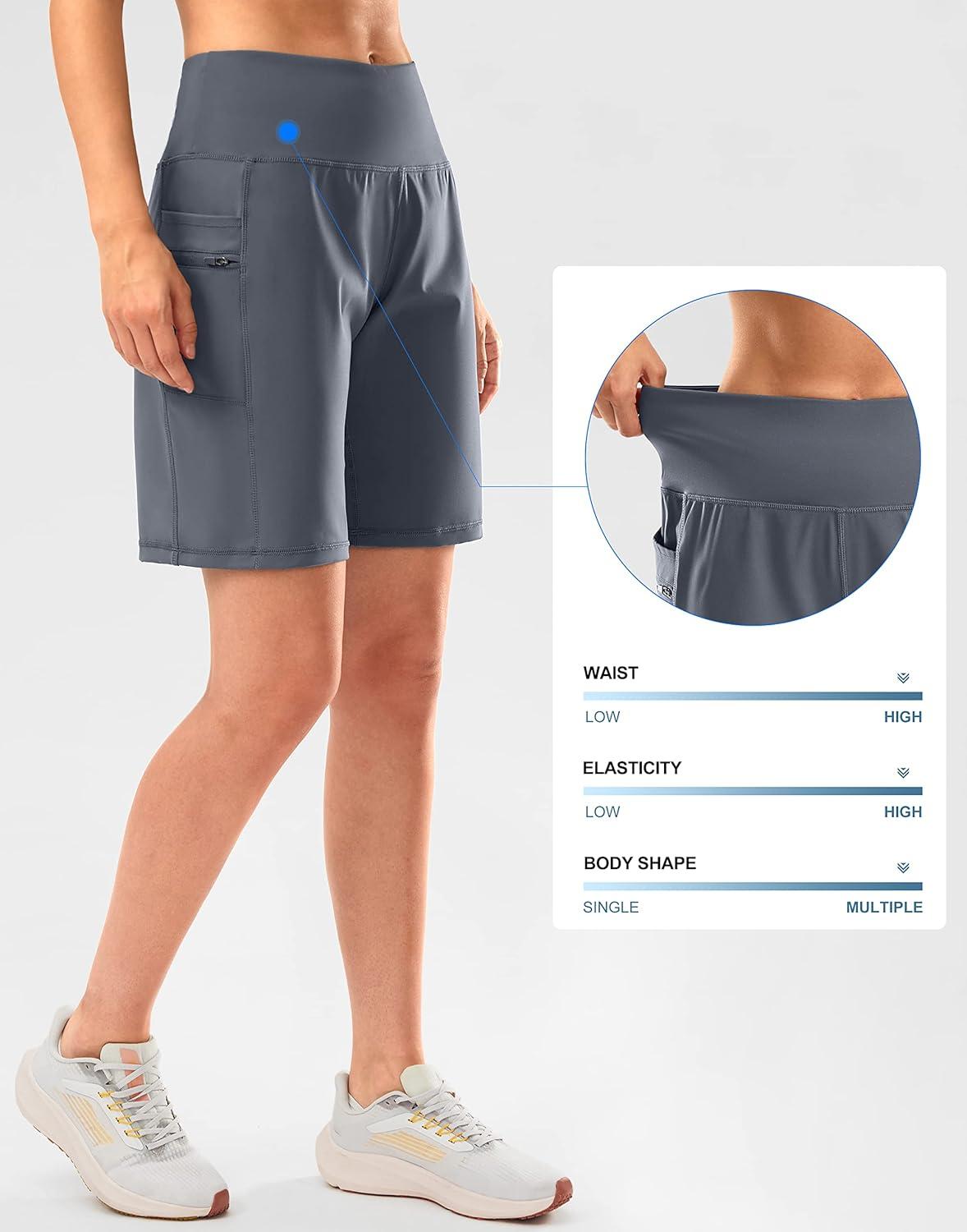 imageG Gradual Womens High Waisted 9 Bermuda Shorts with Zipper Pockets Athletic Workout Long Shorts for Women Knee LengthDusty Blue