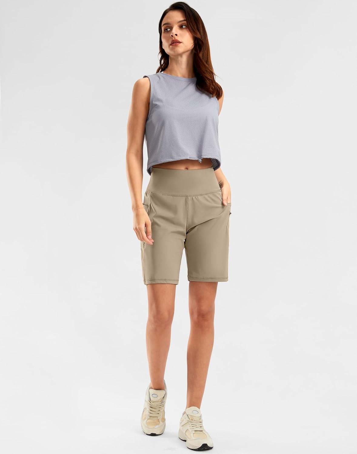 imageG Gradual Womens High Waisted 9 Bermuda Shorts with Zipper Pockets Athletic Workout Long Shorts for Women Knee LengthKhaki