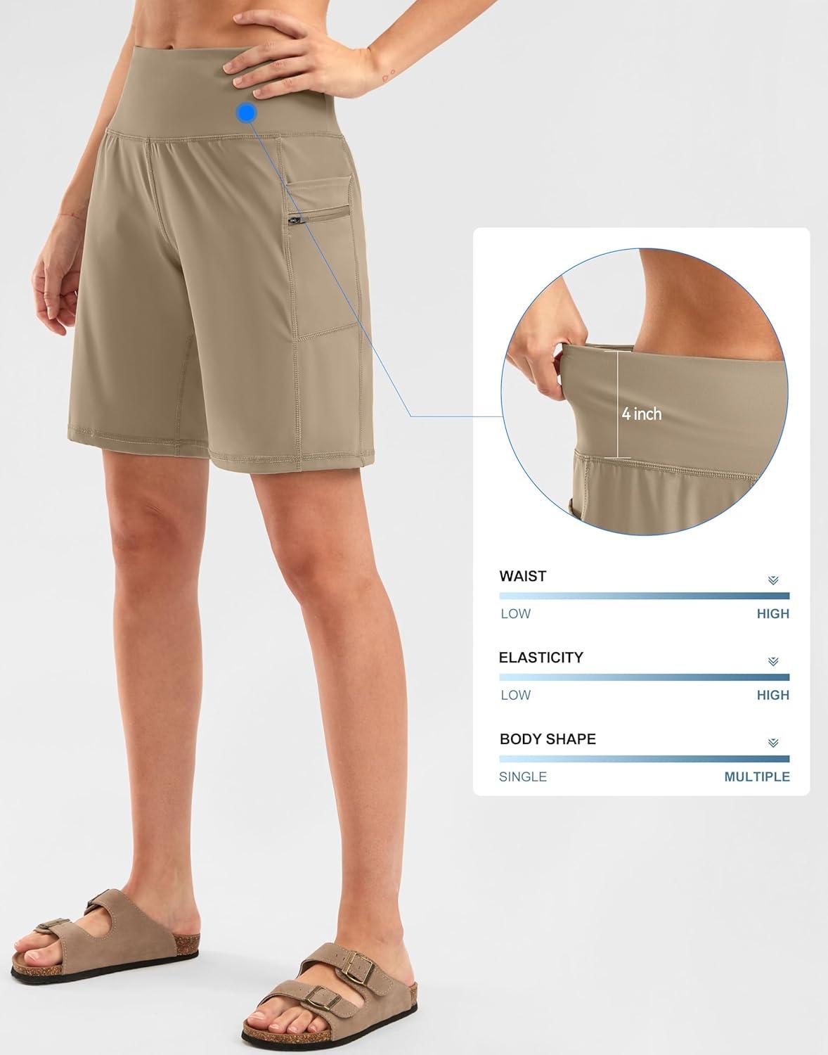 imageG Gradual Womens High Waisted 9 Bermuda Shorts with Zipper Pockets Athletic Workout Long Shorts for Women Knee LengthKhaki