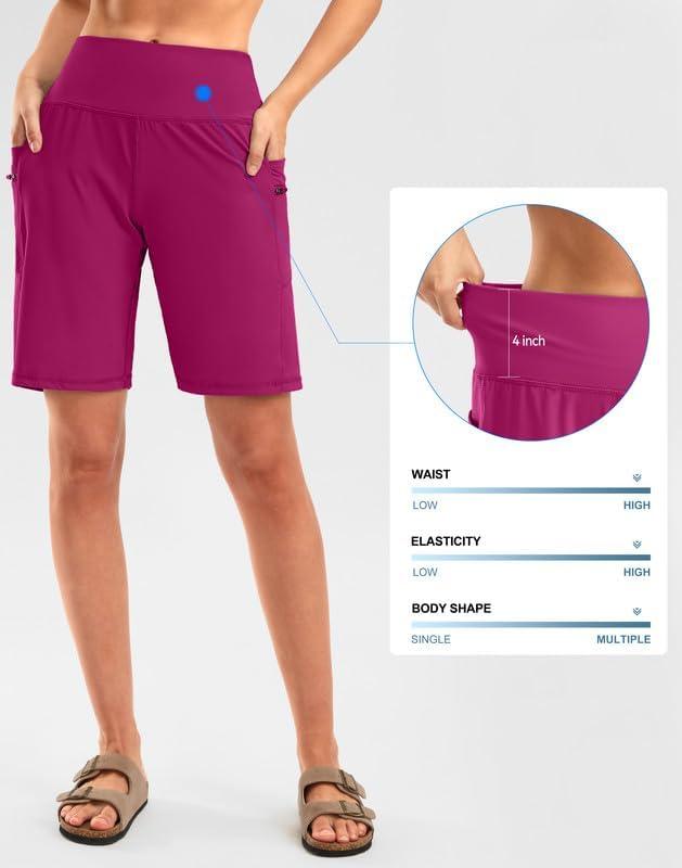 imageG Gradual Womens High Waisted 9 Bermuda Shorts with Zipper Pockets Athletic Workout Long Shorts for Women Knee LengthRose