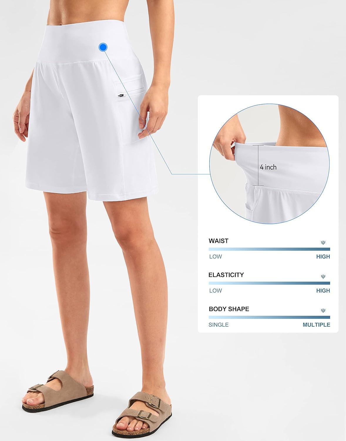 imageG Gradual Womens High Waisted 9 Bermuda Shorts with Zipper Pockets Athletic Workout Long Shorts for Women Knee LengthWhite