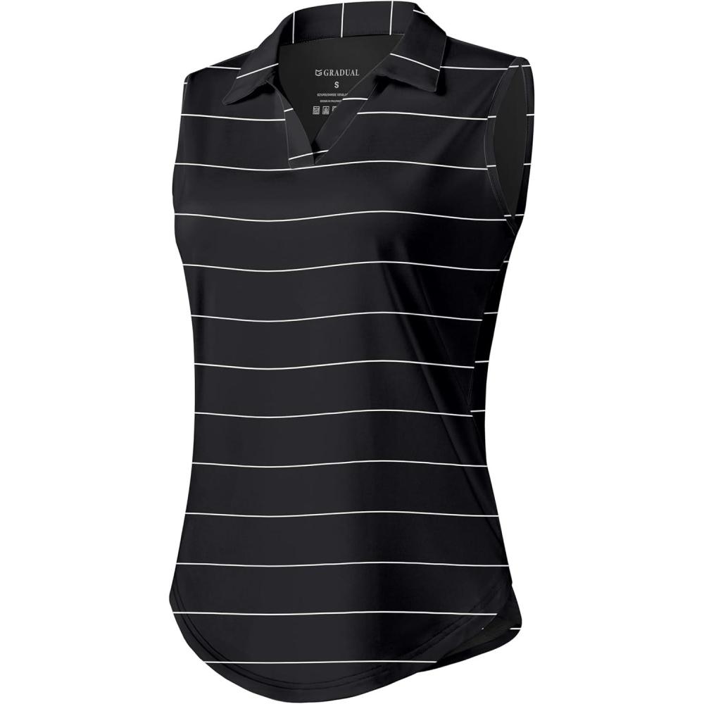 imageG Gradual Sleeveless Golf Shirts for Women Collared V Neck Tennis Tank Top Cooling Polo UPF 50 Quick Dry LightweightBlack Stripe