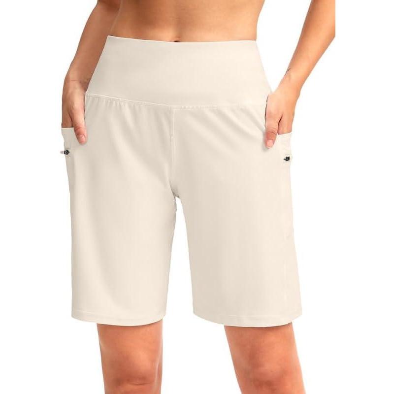 imageG Gradual Womens High Waisted 9 Bermuda Shorts with Zipper Pockets Athletic Workout Long Shorts for Women Knee LengthBeige