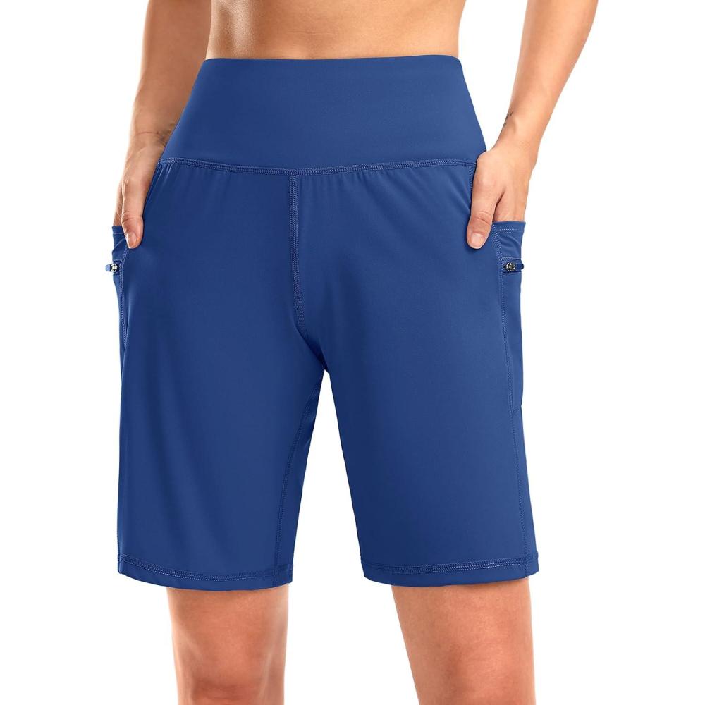 imageG Gradual Womens High Waisted 9 Bermuda Shorts with Zipper Pockets Athletic Workout Long Shorts for Women Knee LengthBlue