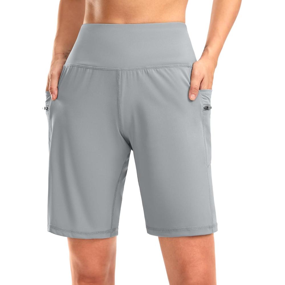imageG Gradual Womens High Waisted 9 Bermuda Shorts with Zipper Pockets Athletic Workout Long Shorts for Women Knee LengthBright Grey