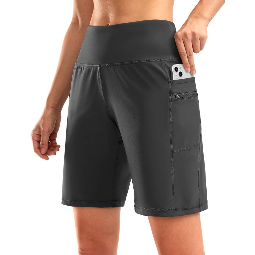 imageG Gradual Womens High Waisted 9 Bermuda Shorts with Zipper Pockets Athletic Workout Long Shorts for Women Knee LengthDark Grey