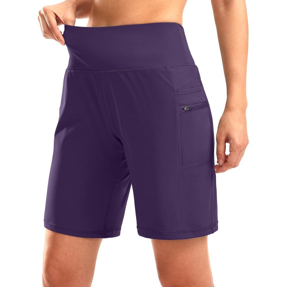imageG Gradual Womens High Waisted 9 Bermuda Shorts with Zipper Pockets Athletic Workout Long Shorts for Women Knee LengthDark Purple