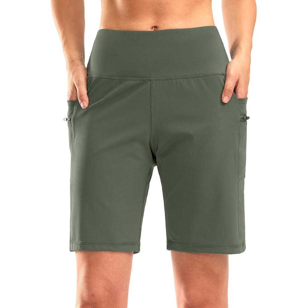 imageG Gradual Womens High Waisted 9 Bermuda Shorts with Zipper Pockets Athletic Workout Long Shorts for Women Knee LengthGrey Sage