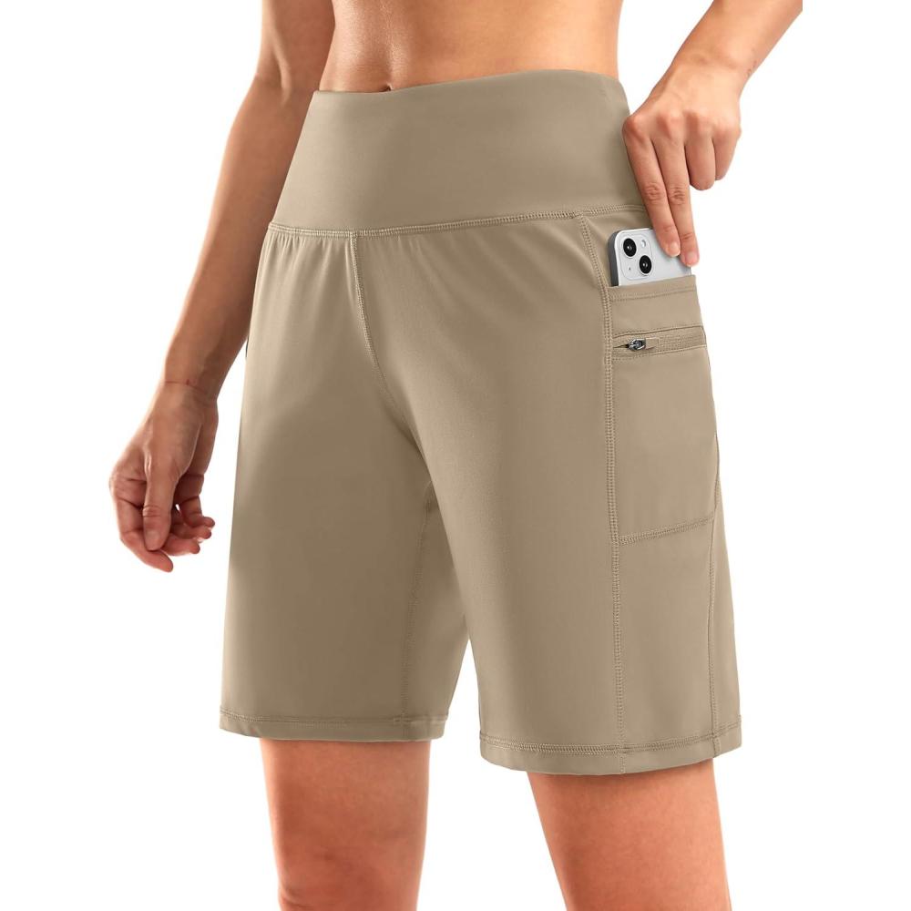 imageG Gradual Womens High Waisted 9 Bermuda Shorts with Zipper Pockets Athletic Workout Long Shorts for Women Knee LengthKhaki