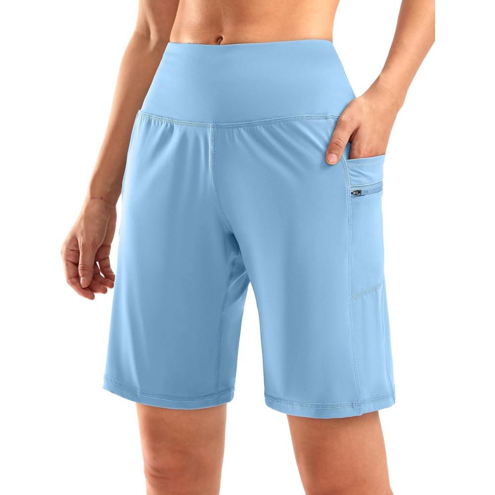 imageG Gradual Womens High Waisted 9 Bermuda Shorts with Zipper Pockets Athletic Workout Long Shorts for Women Knee LengthLight Blue