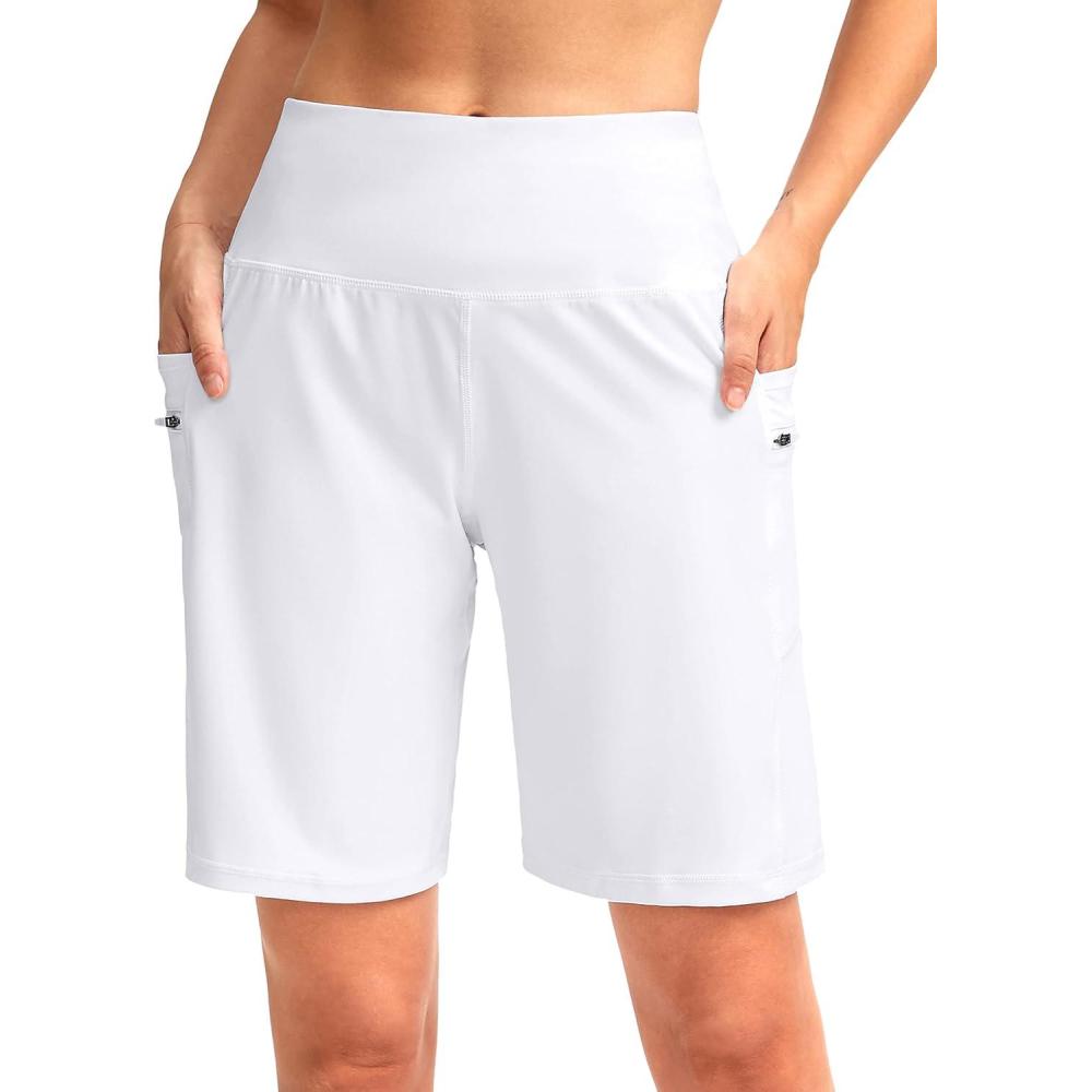 imageG Gradual Womens High Waisted 9 Bermuda Shorts with Zipper Pockets Athletic Workout Long Shorts for Women Knee LengthWhite