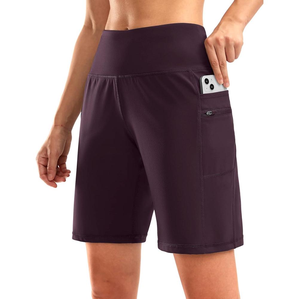 imageG Gradual Womens High Waisted 9 Bermuda Shorts with Zipper Pockets Athletic Workout Long Shorts for Women Knee LengthWine