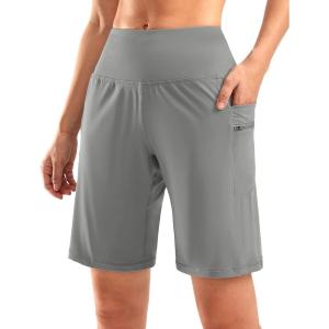 G Gradual Women’s High Waisted 9″ Bermuda Shorts with Zipper Pockets Athletic Workout Long Shorts for Women Knee Length(Light Grey)