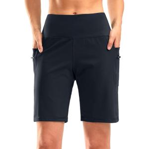 G Gradual Women’s High Waisted 9″ Bermuda Shorts with Zipper Pockets Athletic Workout Long Shorts for Women Knee Length(Navy)