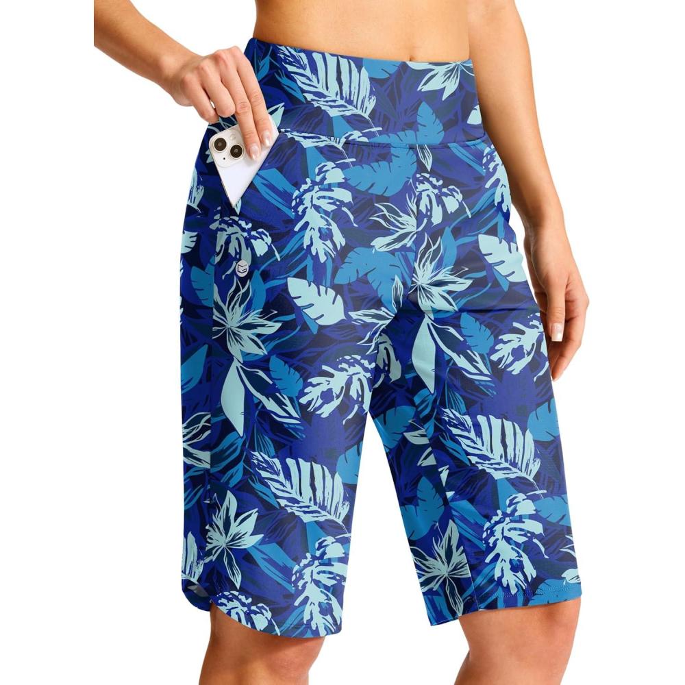 imageG Gradual Womens 13 Long Swim Board Shorts with Pockets High Waisted Quick Dry Beach Swimming Shorts for Women with LinerBlue Leaf