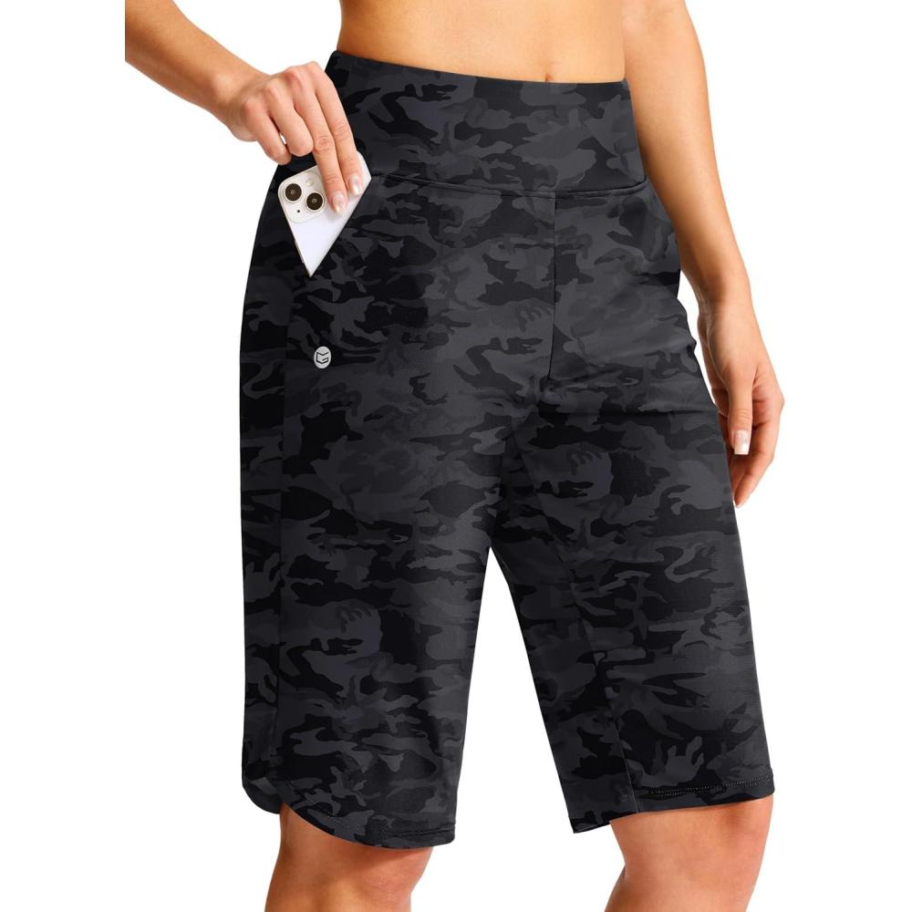 imageG Gradual Womens 13 Long Swim Board Shorts with Pockets High Waisted Quick Dry Beach Swimming Shorts for Women with LinerGrey Camo