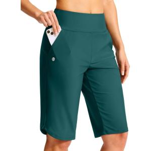 G Gradual Women’s 13″ Long Swim Board Shorts with Pockets High Waisted Quick Dry Beach Swimming Shorts for Women with Liner(Blue Green)