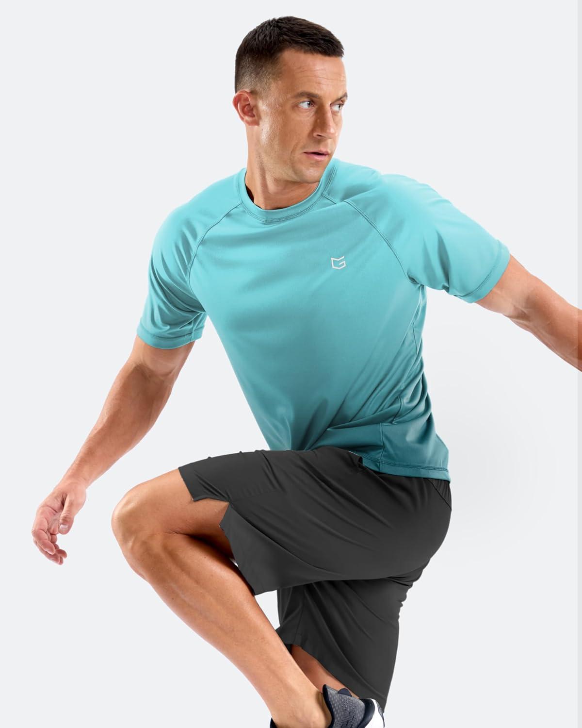 imageMens Swim Shirts Rash Guard UPF 50 Sun Protection Short Sleeve TShirts Workout Dry Fit Tee for Pool Beach TripGradient Green Grey