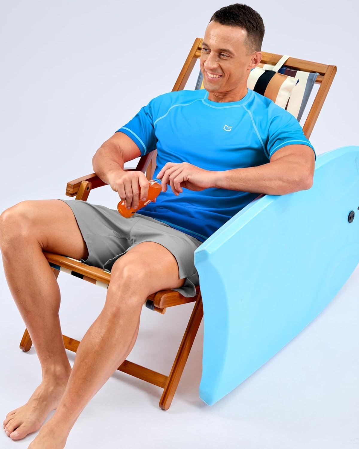 imageMens Swim Shirts Rash Guard UPF 50 Sun Protection Short Sleeve TShirts Workout Dry Fit Tee for Pool Beach TripGradient Vivid Blue
