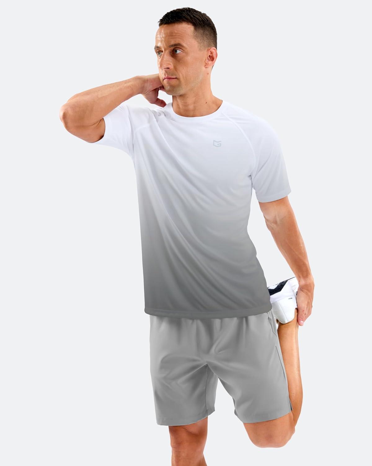 imageMens Swim Shirts Rash Guard UPF 50 Sun Protection Short Sleeve TShirts Workout Dry Fit Tee for Pool Beach TripGradient White Grey