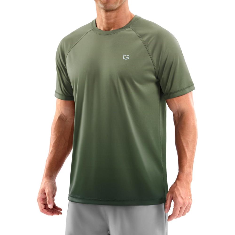imageMens Swim Shirts Rash Guard UPF 50 Sun Protection Short Sleeve TShirts Workout Dry Fit Tee for Pool Beach TripGradient Army Green