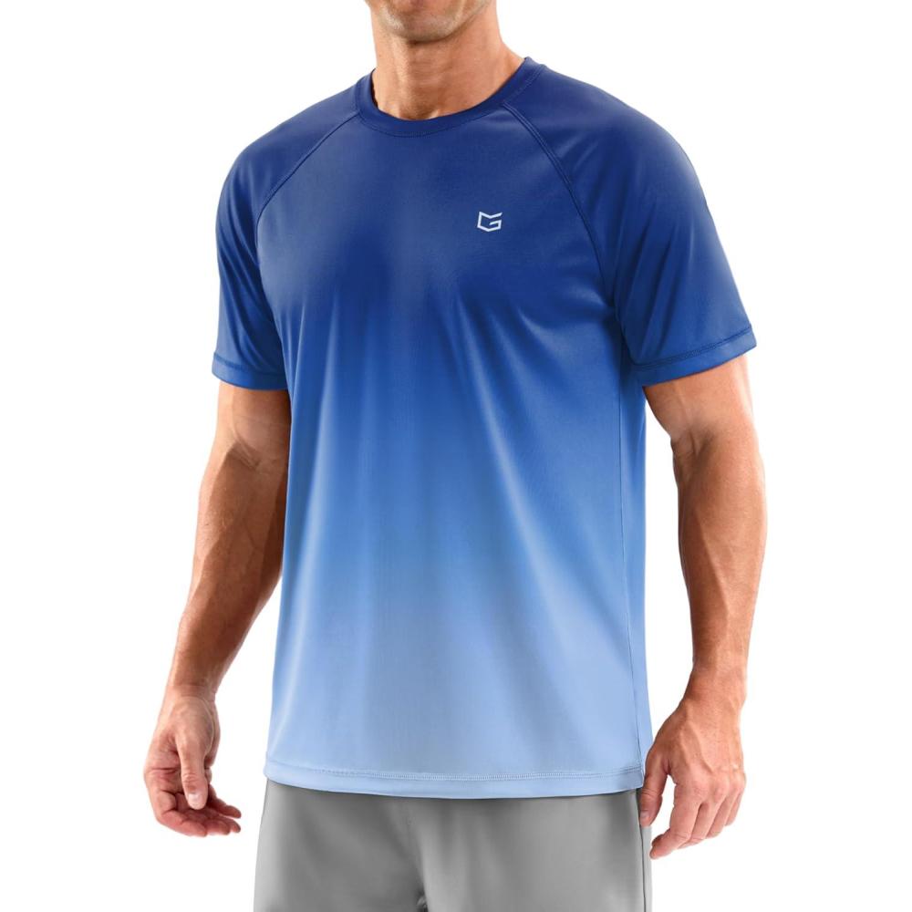 imageMens Swim Shirts Rash Guard UPF 50 Sun Protection Short Sleeve TShirts Workout Dry Fit Tee for Pool Beach TripGradient Blue White