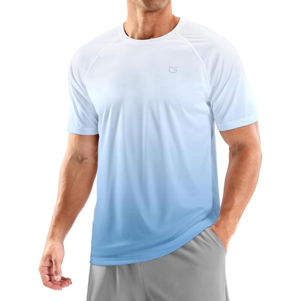 imageMens Swim Shirts Rash Guard UPF 50 Sun Protection Short Sleeve TShirts Workout Dry Fit Tee for Pool Beach TripGradient White Blue