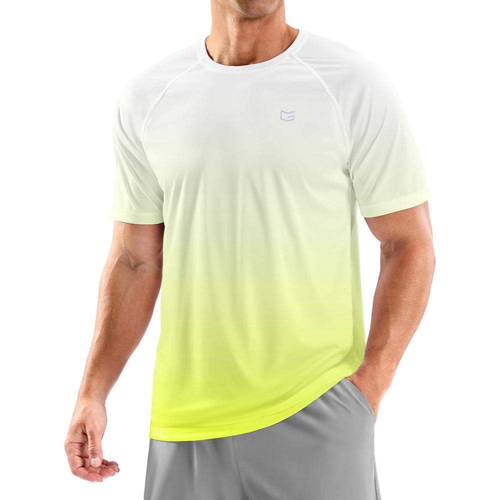 imageMens Swim Shirts Rash Guard UPF 50 Sun Protection Short Sleeve TShirts Workout Dry Fit Tee for Pool Beach TripGradient Yellow