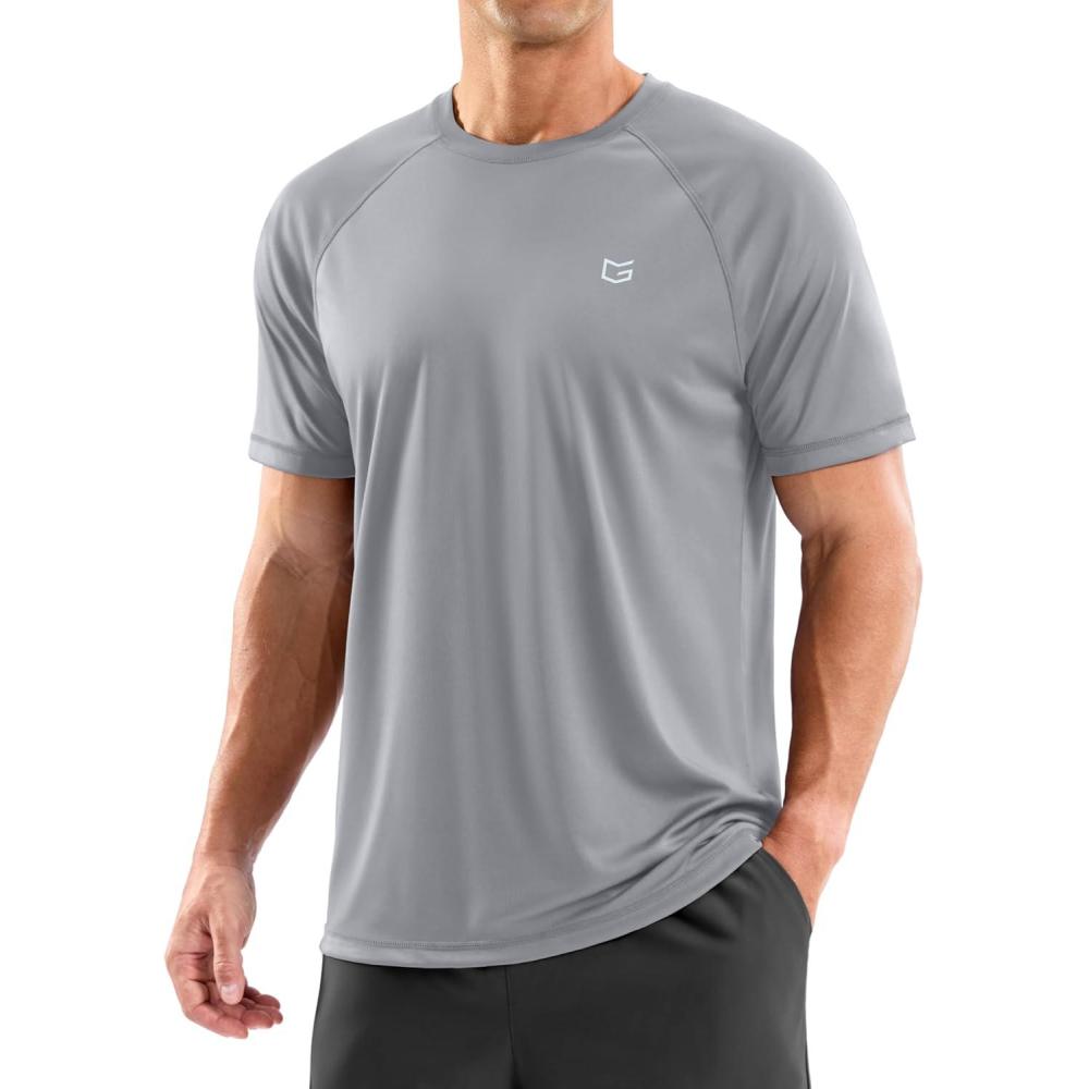 imageMens Swim Shirts Rash Guard UPF 50 Sun Protection Short Sleeve TShirts Workout Dry Fit Tee for Pool Beach TripLight Grey