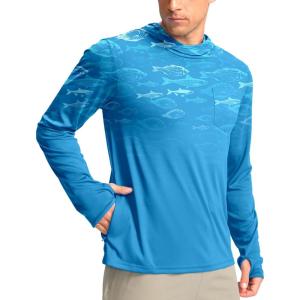 Men’s Sun Protection Shirts UPF 50+ Long Sleeve Hoodie with 2 Pockets UV SPF Fishing Hiking Rash Guard Shirts(Blue Fish)
