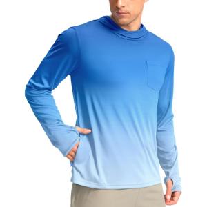 Men’s Sun Protection Shirts UPF 50+ Long Sleeve Hoodie with 2 Pockets UV SPF Fishing Hiking Rash Guard Shirts(Gradient Blue White)