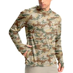 Men’s Sun Protection Shirts UPF 50+ Long Sleeve Hoodie with 2 Pockets UV SPF Fishing Hiking Rash Guard Shirts(Olivine Brown Camo)