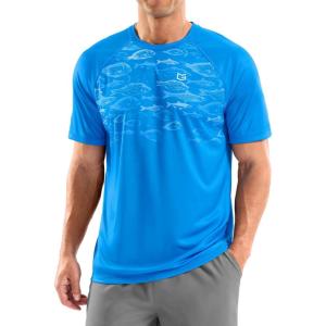 Men’s Swim Shirts Rash Guard UPF 50+ Sun Protection Short Sleeve T-Shirts Workout Dry Fit Tee for Pool, Beach, Trip(Blue Shoal)