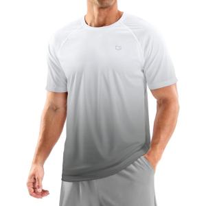 Men’s Swim Shirts Rash Guard UPF 50+ Sun Protection Short Sleeve T-Shirts Workout Dry Fit Tee for Pool, Beach, Trip(Gradient White Grey)